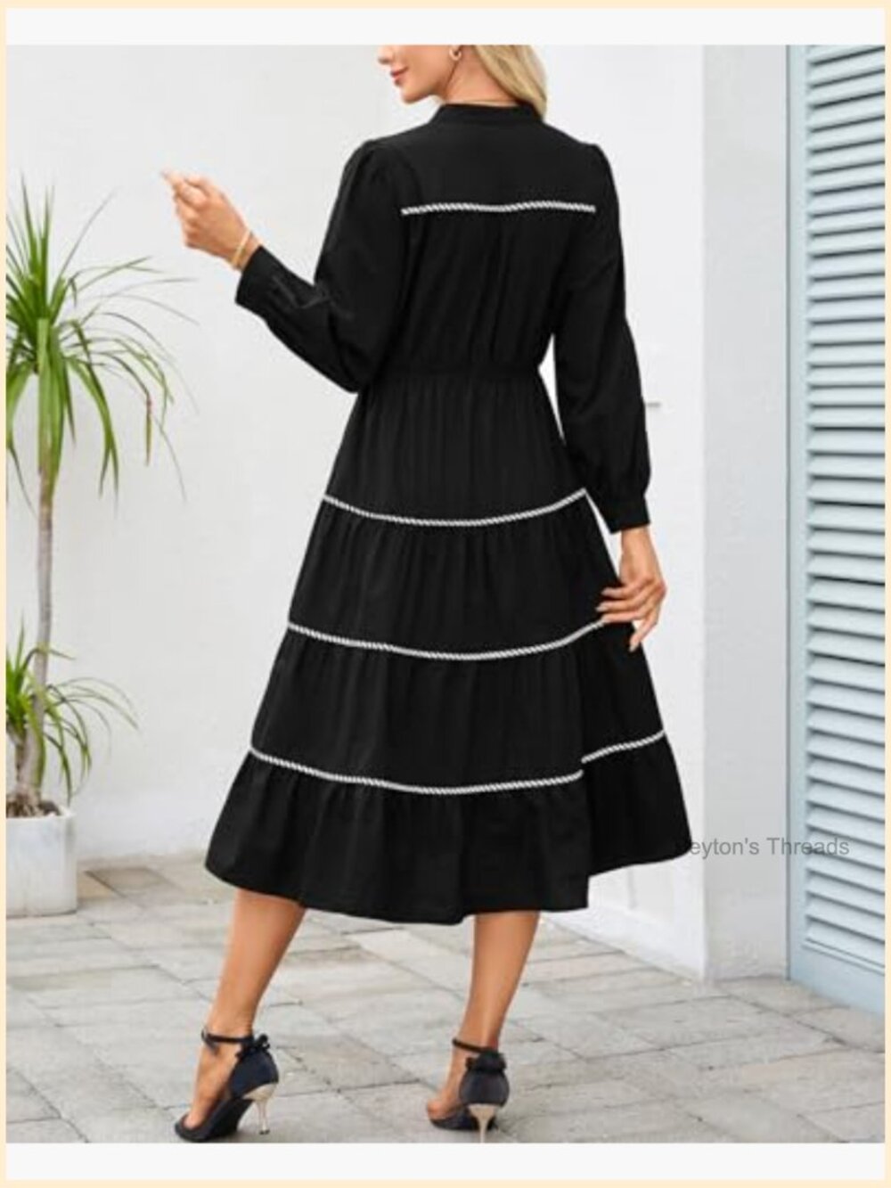 Women's Long Sleeve Tiered Midi Dress V Neck Elastic Waist Flowy Ruffle Dress - Picture 6 of 6
